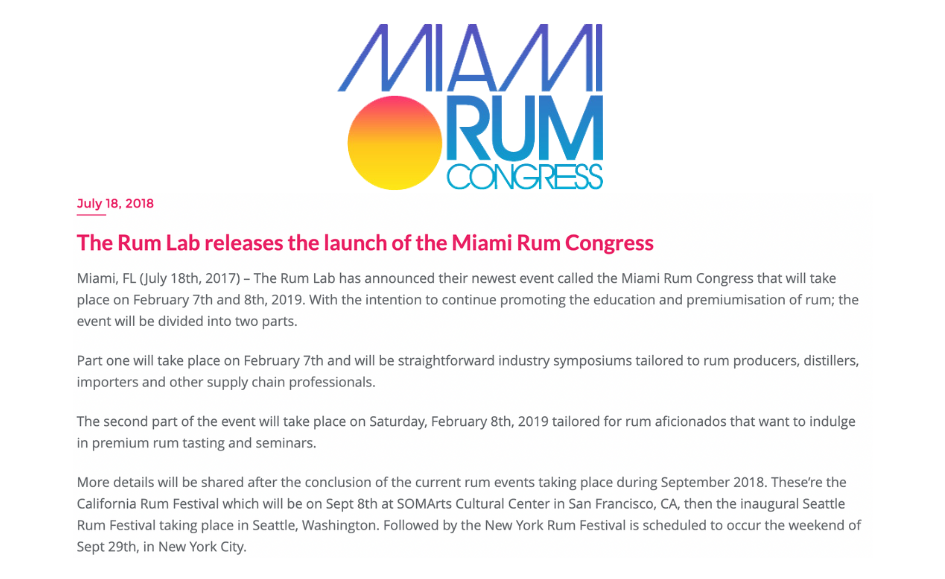 The Rum Lab releases the launch of the Miami Rum Congress