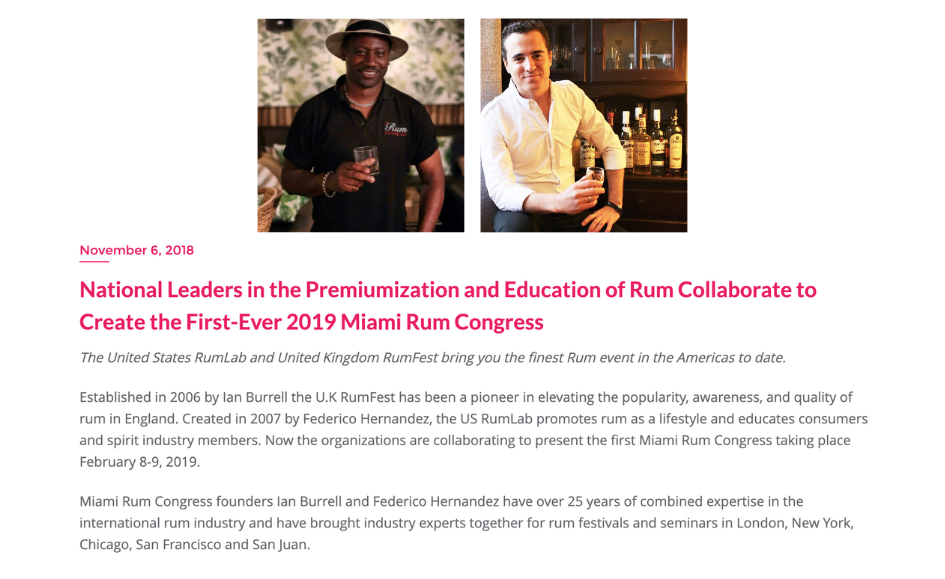 National Leaders in the Premiumization and Education of Rum Collaborate to Create the First-Ever 2019 Miami Rum Congress