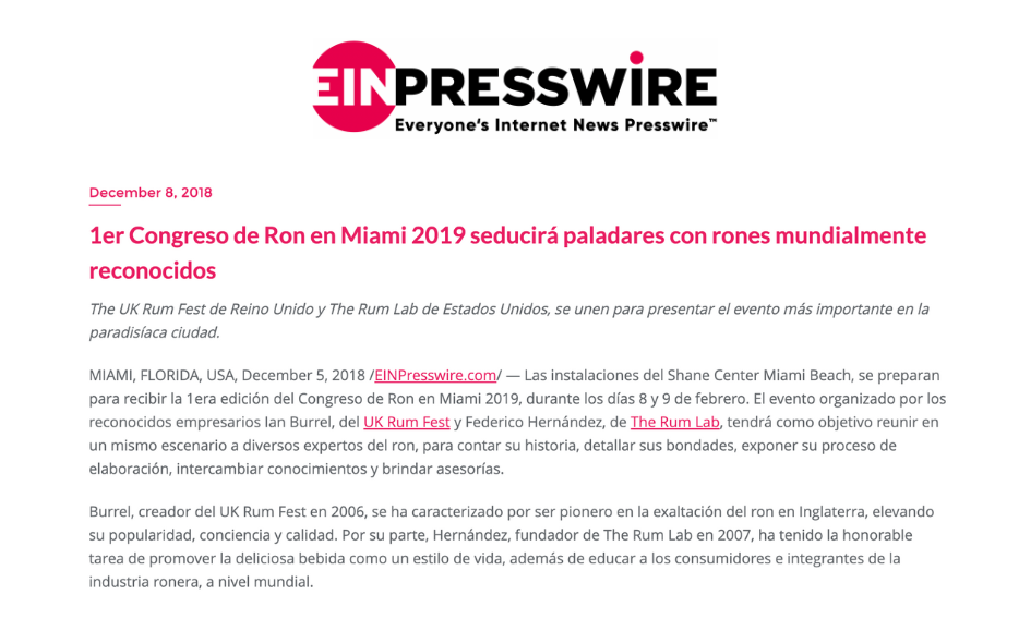 1er Congreso de Ron en Miami 2019 seducirá paladares con rones mundialmente reconocidos