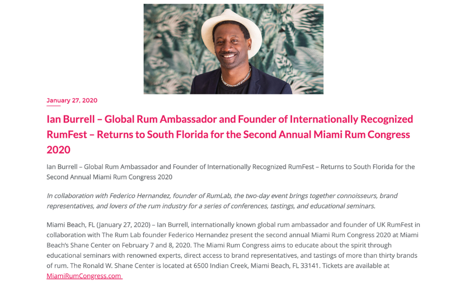 Ian Burrell – Global Rum Ambassador and Founder of Internationally Recognized RumFest – Returns to South Florida for the Second Annual Miami Rum Congress 2020