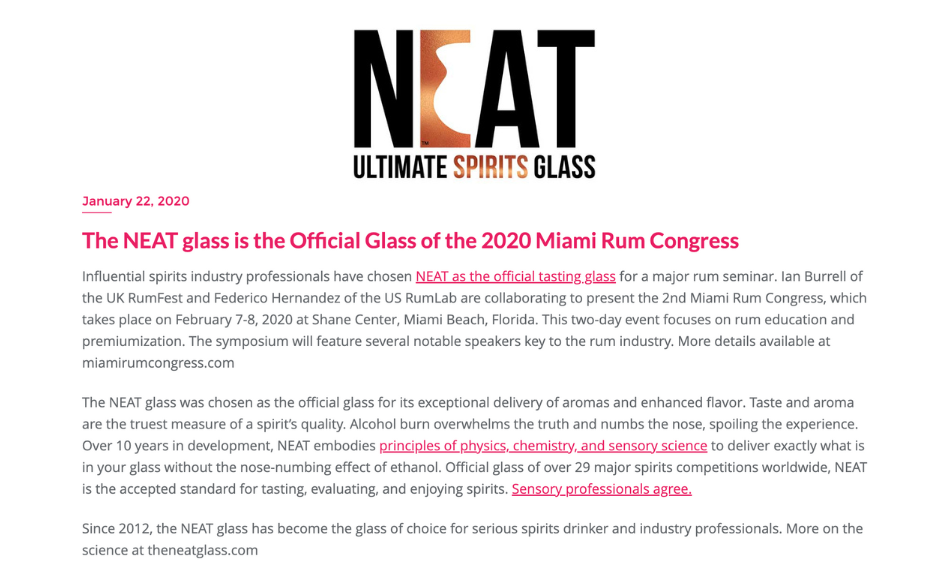 The NEAT glass is the Official Glass of the 2020 Miami Rum Congress